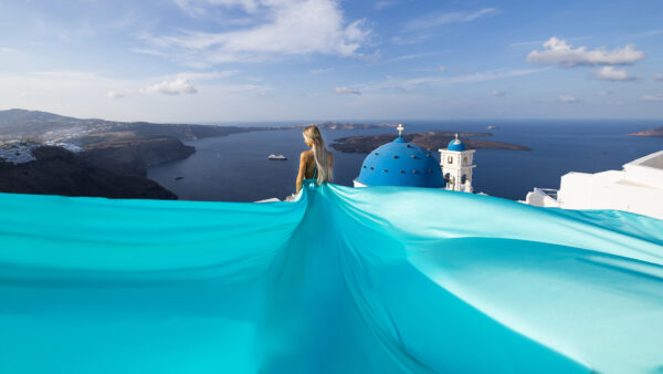 celestial blue dress photoshoot in Santorini